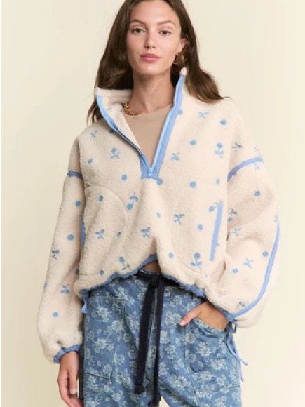 J.Nna Cream Sherpa Half-Zip Teddy Jacket With Light Blue Trim Floral Cherry S